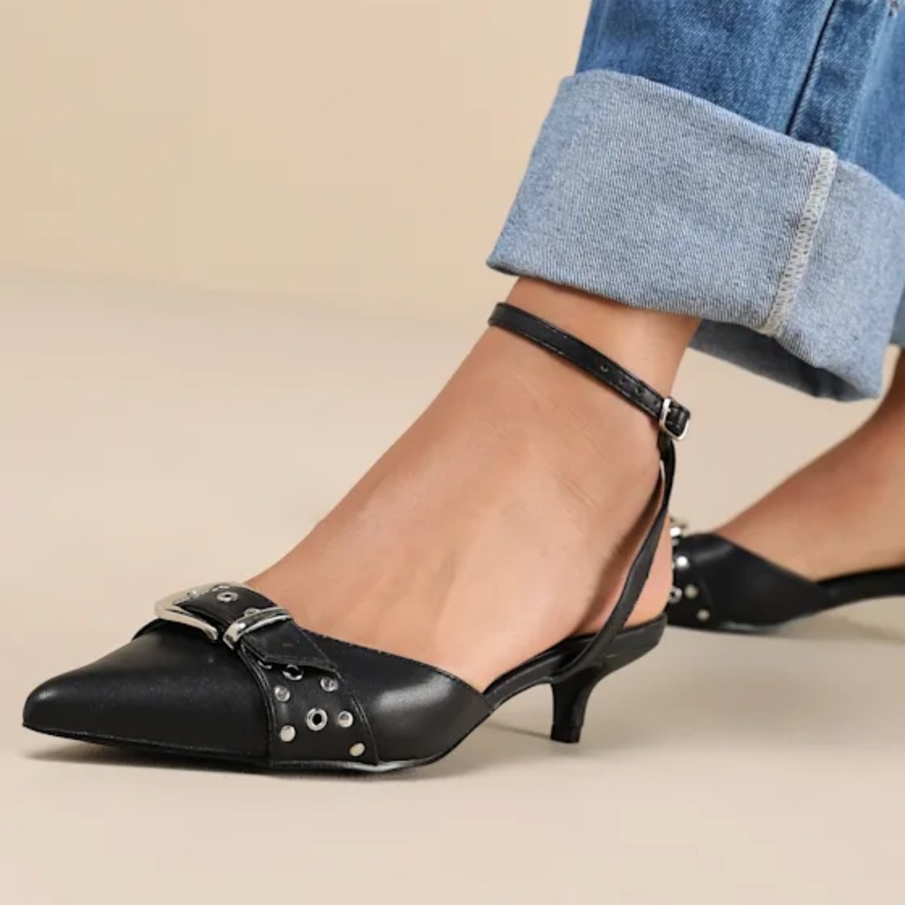Lulus Rochaa Black Pointed-Toe Studded Buckle Ankle Strap Pumps size 8